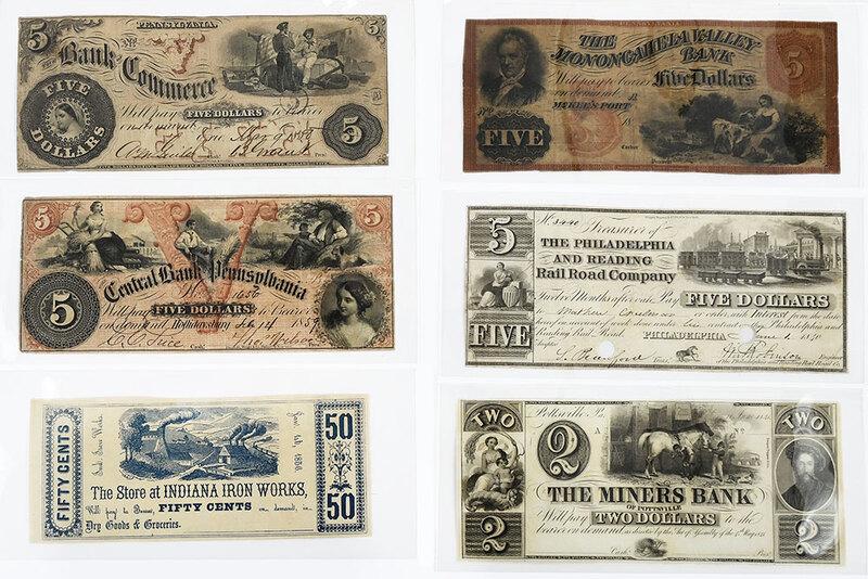 16 Pennsylvania Obsolete Bank Notes: Bank of Commerce, Erie, $5; Central Bank of Pennsylvania, $5; Store at Indiana (PA) Iron Works, 50 Cent; Monongahela Valley Bank, $5 (x2); Philadelphia and Reading Rail Road Company, $5; $10; Miners B