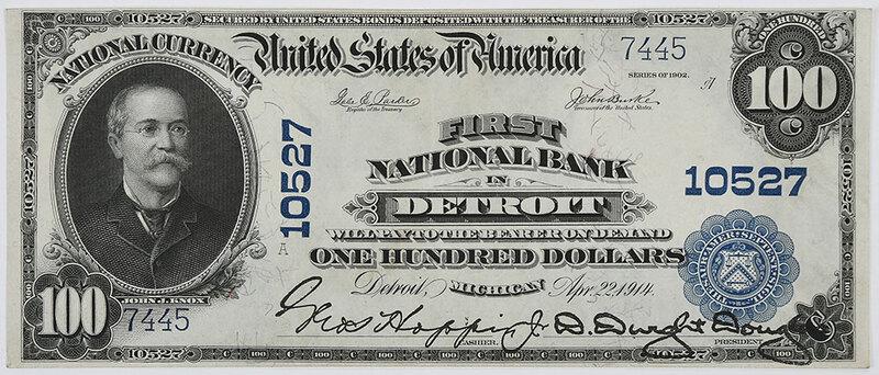 1902 $100 First NB Detroit, Michigan: Fr. 703, charter #10527 - Provenance: A Virginia Collector