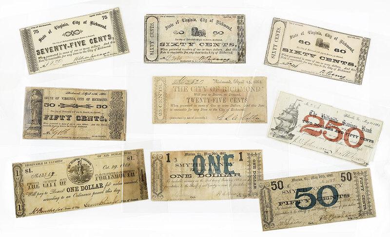 Group of Regional Virginia Notes: Montgomery County, 10 Cent; 50 Cent; Pulaski County, $1; Rockbridge County, 15 Cent; Scott County, 25 Cent; 50 Cent; 75 Cent; $1 (x2, different types); Smyth County, 50 Cent; $1; Hillsville Savings Ba