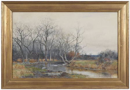 William Merritt Post: (American, 1856-1935) Autumn Landscape, signed lower left "W. Merritt Post", watercolor on board, 17-1/2 x 27-1/2 in.; carved gilt wood frame, 22-1/4 x 32-1/4 in. - Provenance: Private Collection, War