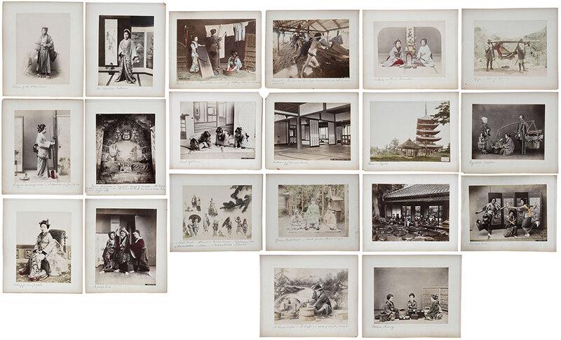 Group of 20 Japanese Tinted Albumen Prints: Meiji period, most attributed to Kusakabe Kimbei (Japanese, 1841-1934), 20 hand tinted photo prints mounted on ten album board cards (one on each side), most inscribed with titles in lower margin, of 