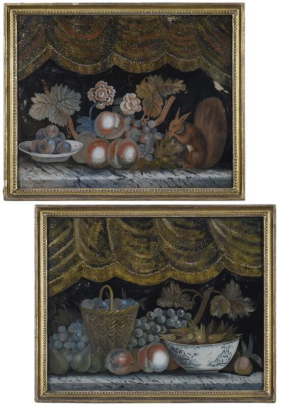 Pair of Unusual Reverse Paintings on Glass: (British, 19th century)Still life theorems: Fruit with Red Squirrel; Fruit with a Delft Bowl, paint and applied sequins on glass, both 16-1/2 x 20-1/2in.; matching original gilt wood frames, 17-3/4 x 
