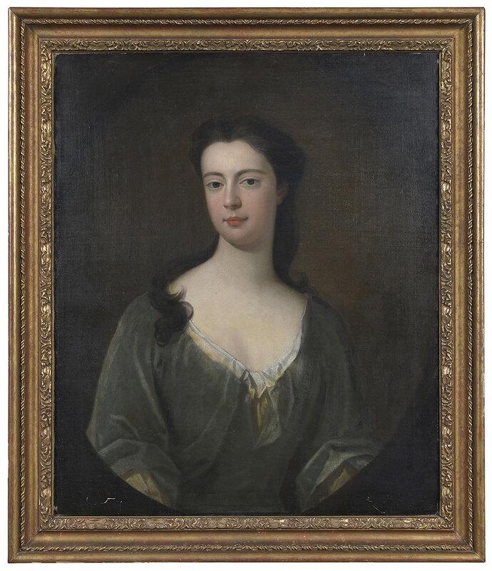 Follower of Sir Godfrey Kneller: (British, 18th century)Portrait of a Lady in Green Gown, oil on canvas, 30 x 25 in.; gilt wood frame, 35-1/4 x 30-1/4 in. - Provenance: Property from the Collection of Dudley and Constance Godfrey