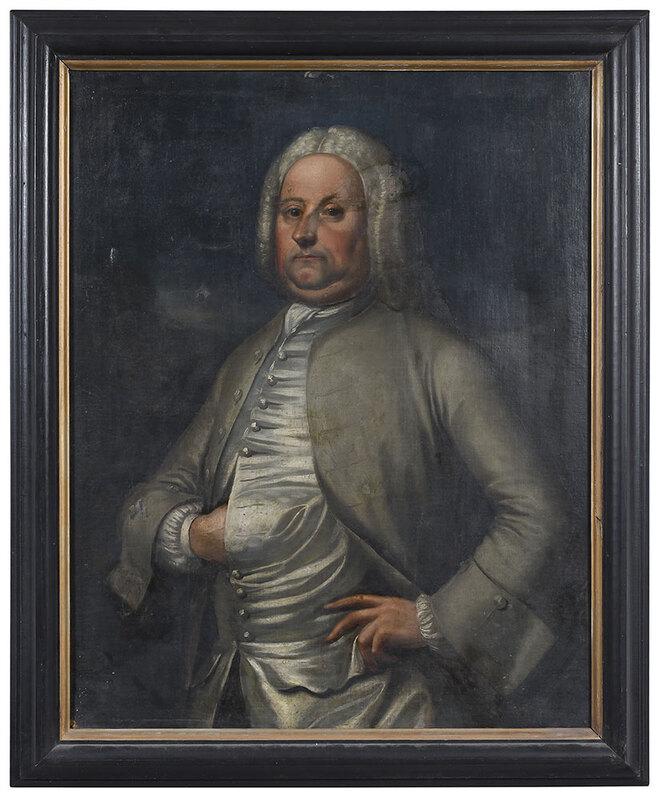 British School Portrait: (18th century)Gentleman in Gray Coat and White Waistcoat, unsigned, oil on canvas, 36 x 28-1/4 in.; 20th century black lacquered frame, 41-3/4 x 33-1/2 in. - Provenance: Property from the Coll