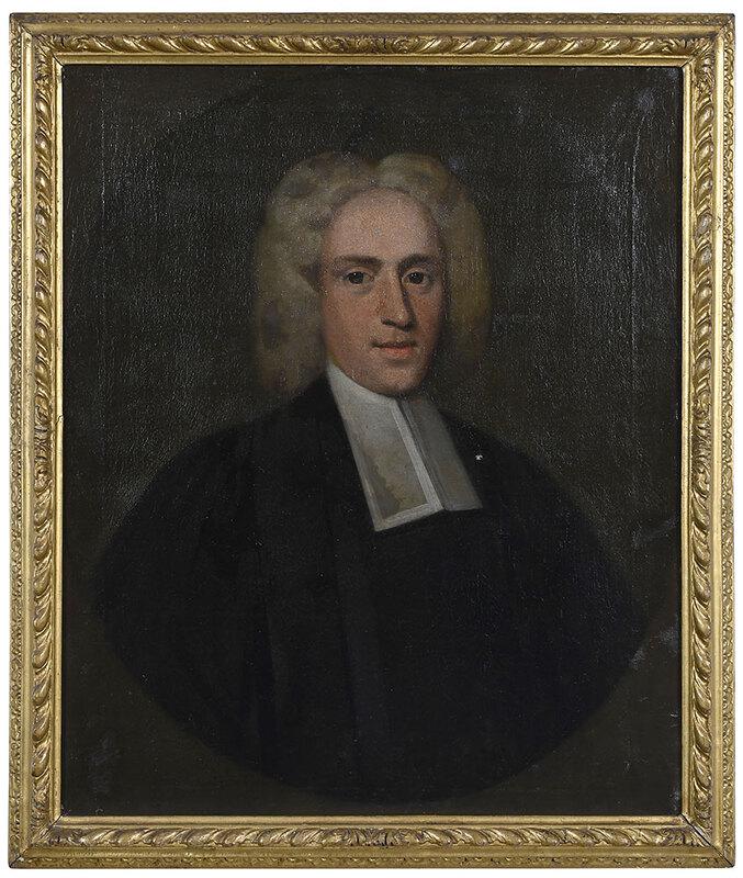 British School: (18th century)Portrait of a Clergyman in feigned spandrel, unsigned, oil on canvas, 30 x 25 in.; gilt wood frame with gadroon decoration, 34 x 28-7/8 in. - Provenance: Property from the Collection of