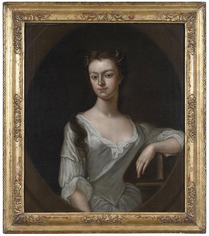 British School Portrait: (18th century)Portrait of a Woman in Pale Blue Gown, signed lower right "JE", oil on canvas, 30 x 25 in; gilt wood frame, 36-1/4 x 31-1/12 in. - Provenance: Property from the Collection of Dudley an