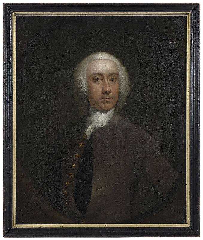 British School Portrait: (18th century)Portrait of a Gentleman in a Gray Coat, unsigned, oil on canvas, 30-1/2 x 24-3/8 in.; painted black frame, 32-3/4 x 27-3/8 in - Provenance: Property from the Collection of Dudley and Con