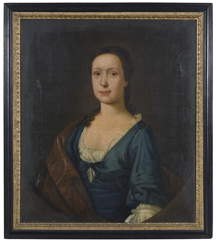 British School Portrait: (18th century)Portrait of a Lady in Blue Gown, oil on canvas, 30 x 26 in,; black lacquer and parcel gilt wood frame, 33-3/4 x 29-3/4 in. - Provenance: Property from the Collection of Dudley and Cons