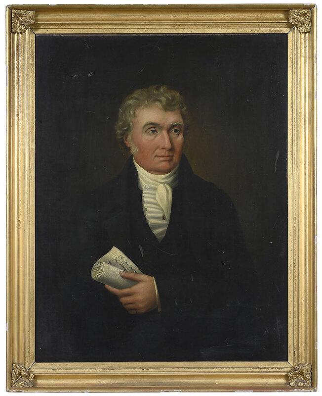 British School Portrait: (early 19th century)Gentleman in White Stock and Black Coat, holding a letter, unsigned, oil on canvas, 36 x 28 in.; gilt wood and composition frame, 42 x 33 in. - Provenance: Property from the Coll