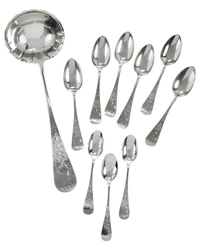 Ten Pieces Whiting Antique Lily Sterling Flatware: American, late 19th century, including tablespoons, teaspoons and soup ladle, ladle with monogram, all with marks for Whiting, 14.56 oz. T., 5-3/4 in. to 13 in. - Provenance: Private Collection,