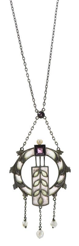Hermann & Speck Jugendstil Necklace: plique-a-jour, purple and green enamel, two faceted purple glass 'stones', four freshwater pearls, stamped "Depose, 900" and with maker's mark, silver, pendant approx. 2-1/4 x 1-3/8 in., 18 in. lg., 1