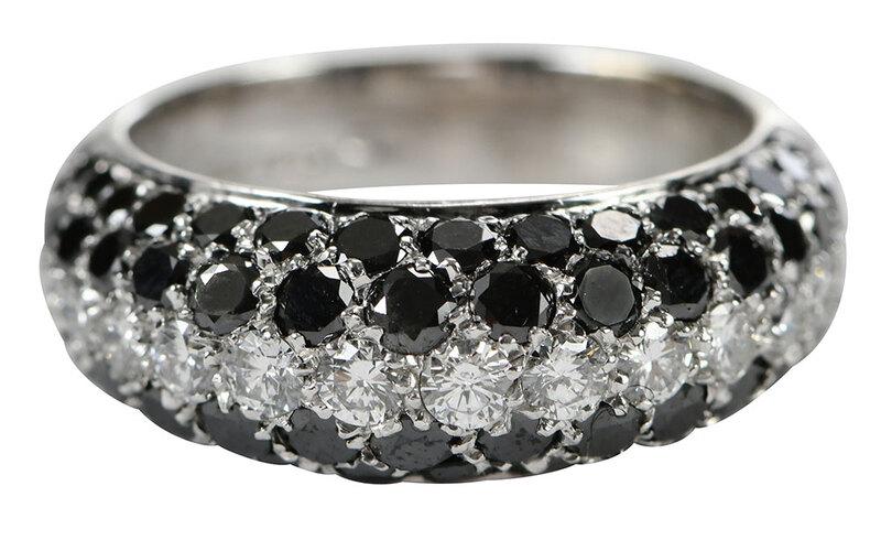 18kt. Diamond Ring: 60 round cut black diamonds estimated total weight 1.50cts., 17 round brilliant diamonds estimated total weight 0.50ct., G-I, SI, stamped "Italy, 750" and with maker's mark, 18kt. white gold, size 7-1
