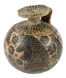 Corinthian Pottery Black-Figure Aryballos: possibly 6th century B.C., spherical terracotta flask, forepart decorated with two combative lions between two birds and a snake, with rosettes throughout, faint remnants of red, 4-1/2 x 4 in. Note: