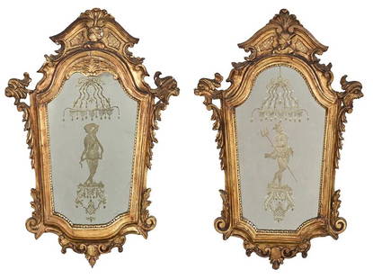 Pair of Venetian Style Carved and Gilt Mirrors: Italian, late 19th/early 20th century, each with figural carved crest, leaf and mask carved frame centering engraved plates depicting Neptune and other unidentified God, 33-1/2 x 22-1/2 in. -