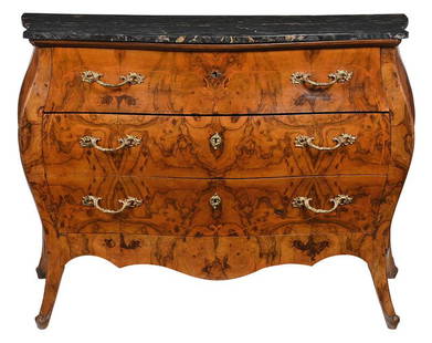 Baroque Style Figured Walnut Inlaid Bomb? Commode: probably Italian, 20th century, with "Egyptian" marble top over three drawers, finely figured bookmatched walnut veneers with inlay, well constructed with paneled back, 37-1/2 x 49 x 23 in. -