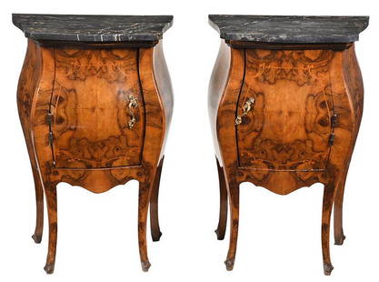 Pair Baroque Style Bomb? Bedside Commodes: probably Italian, 20th century, each with "Egyptian" marble top over bookmatched walnut veneered and inlaid case, set with single door, 31 x 20-1/2 x 15-1/2 in. - Provenance: Private Collection