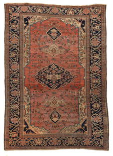 Ferahan Rug: early 20th century, red field with dark blue central medallion, smaller medallions with duck heads, trailing vines with florals, white and blue spandrels, wide dark blue geometric floral borders, 9