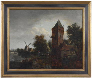 Follower of Meindert Hobbema: (Dutch, 1638-1709)Tower and Windmill by a River, possibly indistinctly signed lower left, oil on canvas, 18-1/4 x 15 in.; parcel gilt wood frame, 18-1/2 x 21-3/4 in. - Provenance: Private Collection