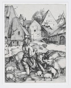 Albrecht Dürer: (German, 1471-1528) The Prodigal Son (Der Verlorene Sohn) (B., M., H. 28), circa 1496, signed with monogram lower middle "AD", collector's stamp verso (L. 176), engraving on laid paper, 9-3/4 x