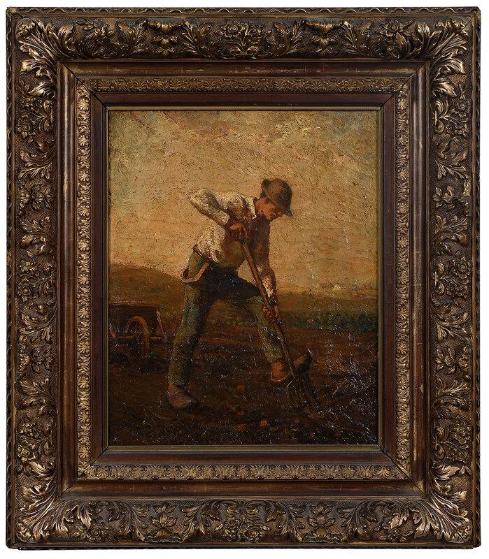 Follower of Jean-Fran?ois Millet: (French, 1814-1875)Potato Gatherer, bears signature lower right "J.F. Millet", oil on canvas, 16-1/4 x 13 in.; gilt wood and composition frame, 25 x 21-7/8 in. - Provenance: John Fenning, New York to 