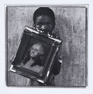 Keith Carter: (Wisconsin, born 1948)Boy with George Washington, 1990, signed margin lower right, toned gelatin silver print, image 15-1/4 x 15-1/4 in., sheet 19-3/4 x 16-7/8 in.; mat 28 x 24 in. - Provenance: Priv