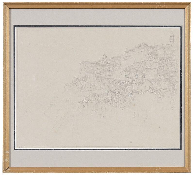 John Taylor Arms: (American, 1887–1953)View of Todi, Italy, 1926, signed lower left "Arms/1926" and titled, pencil on buff paper, sight 10-1/8 x 13-7/8 in.; wood frame, 14-1/4 x 15-3/4 in. - Provenance: Private North