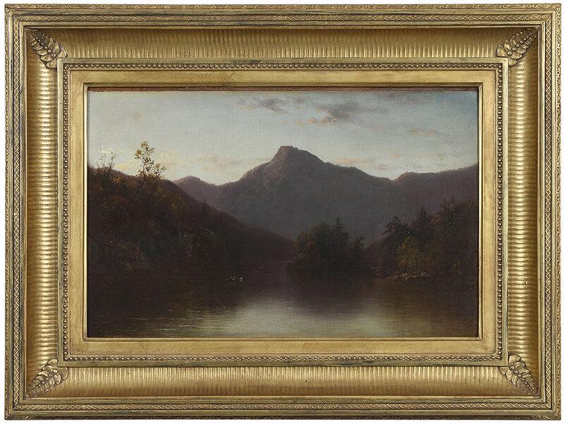 David Johnson: (American, 1827-1908)Evening in an Adirondack Lake, 1873, signed with monogram lower left, "DJ/73", also signed and dated 1873 canvas verso, oil on canvas, 12-1/4 x 19 in.; reproduction carved gilt wo