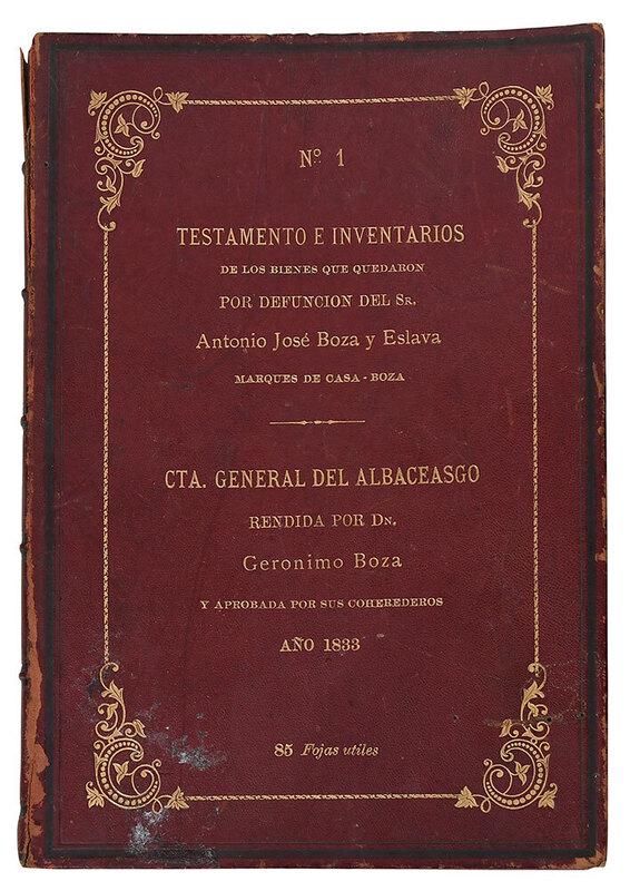 Order of Malta Items from Marquesado de Casa Boza: Spanish/Peruvian, 19th/20th century, including a ledger Testamento e Inventarios .. del Sr. Antonio Jose Boza y Eslava Marques de Casa Boza .. Rendida por Dn. Geronimo Boza y Aprobada por sus Coherede