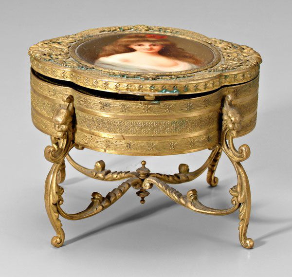 Hutschenreuther plaque, box: hand-painted porcelain, portrait of "Meditation", signed lower right "Wagner" and stamped verso with C.M. Hutschenreuther mark and impressed "452", original paper label, 3-1/2 in. diameter, [surface s