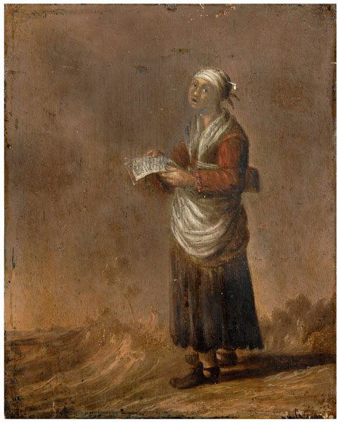 Dutch School painting,: woman standing on shore with letter, unsigned, oil on panel, possibly 17th century, unframed, 9-1/4 x 7-3/8 in. Retouch scattered throughout and in large portion of face, areas of overcleaning. Inscri
