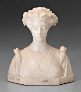 Fagnioli carved alabaster bust,: woman with pearl-strewn hair, signed "A. Fagnioli", possibly by or after Attilio Fagioli (Fagnioli?), Italian, 1877-1966, 17 x 15 x 7 in. Abrasions, base chips.
