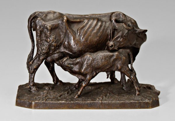 Bronze after Mene,: [Vache et son veau,] a Flemish cow with calf, signed "P.J. Mene", after Pierre Jules Mene, French, 1810-1877, patinated bronze, possibly 19th century, 5-3/4 x 9 in. Good condition, underside with scre