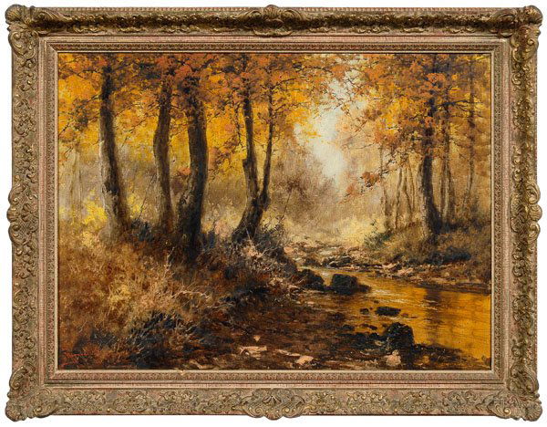 Laszlo Neogrady painting: (Hungarian, 1896-1962), autumn landscape with stream, signed lower left "Neogrady Laszlo", oil on canvas, 23 x 31 in.; painted wood and composition frame. Original stretcher and tacking edge, light gr