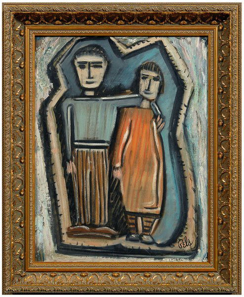 Albert Pels painting: (New York, 1910-1998), abstract of a couple, signed lower right "Pels", oil on canvas, 18 x 14 in.; modern gilt wood frame. Original stretcher and tacking edge, abrasions, light grime; frame with abra