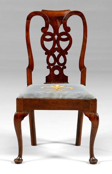 Queen Anne carved walnut side chair,: pierced splat, cabriole legs and pad feet, period slip seat, British, early 18th century, 39-1/4 x 22 x 20 in. Extensive breaks and repairs to crest, patch and repair to one stile at seat frame, one t