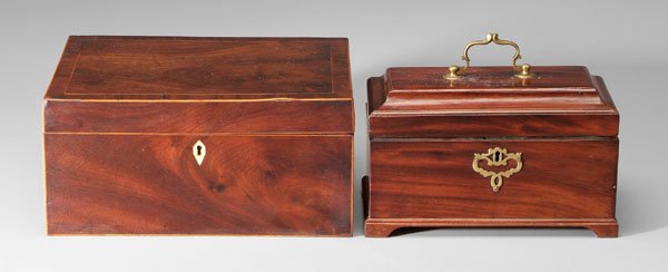 Two British mahogany boxes:: one with string and light wood border inlay, inlaid bone escutcheon, interior with green lining, 19th century, 5-3/4 x 11-3/4 x 9 in., [surface abrasions and chips, some loss and repair to string inla