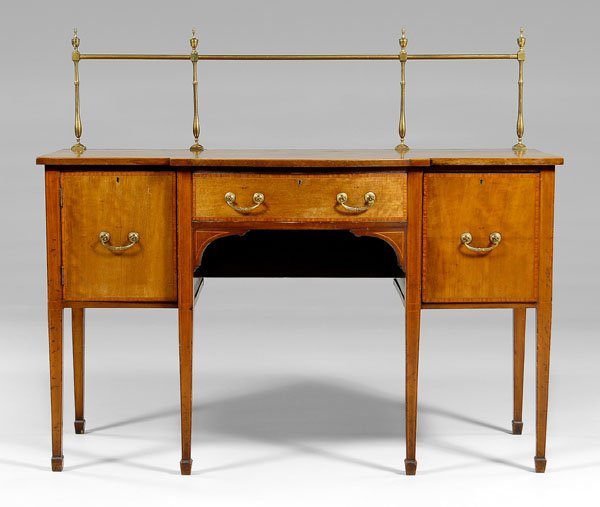 Hepplewhite style inlaid sideboard,: mahogany with satinwood banded inlay, brass gallery, tapered legs and square spade feet, central bow-front drawer flanked by a single door and single cellaret drawer, British, late 19th century, 52 x 