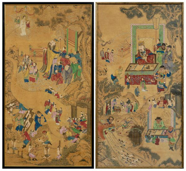 Two Chinese paintings,: both ink and color on paper: one of Feng-du, the realm of the dead, showing several courts of hell with Yanlon, the king of hell at center and Lady Meng-po at the left serving the tea of forgetfulness