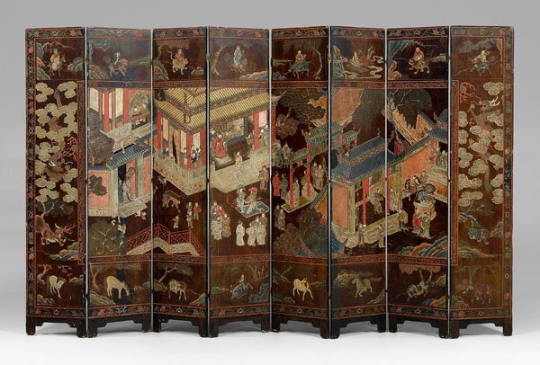 Chinese eight-panel coromandel screen,: brownish-black lacquered surface, one side with palace scene bordered by dragons on either side, Eight Immortals above, eight horses of Mu Wang below, panels verso with Hundred Antiques, scholars, flo