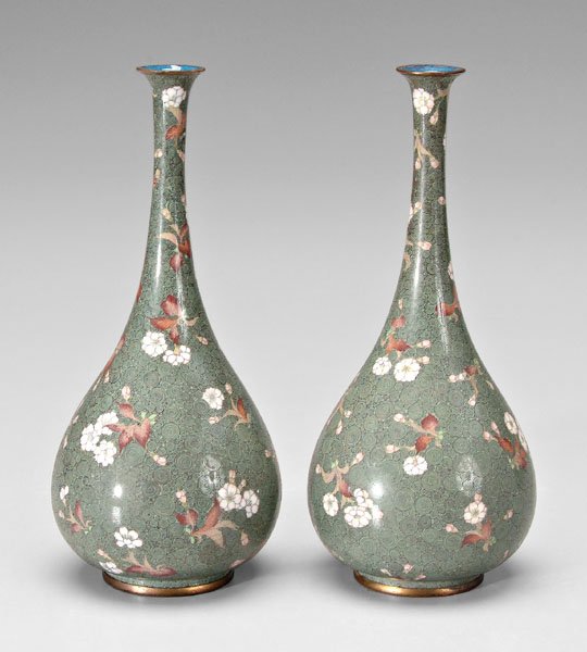 Pair Japanese cloisonné vases:: pear form, gilt rims, cherry blossoms on a celadon curl ground, blue interiors, bases with elaborate shaped cartouches with four-character mark, seven-character inscription, surrounded by seashells, f