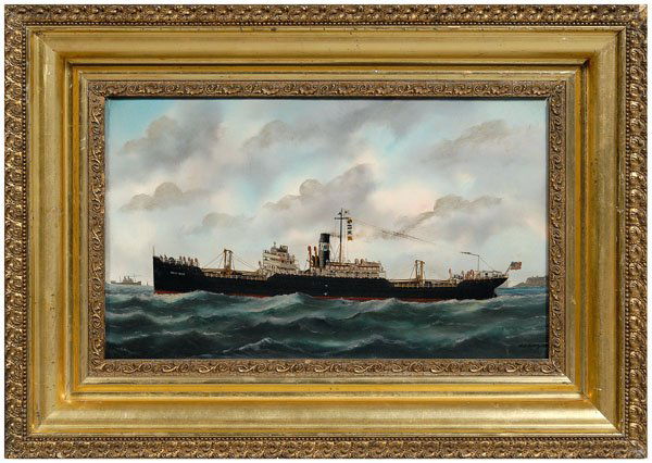 Edouard Adam maritime painting: (Marie-Edouard Adam, French, 1847-1929), the American steamer "West Wood" off the port of Le Havre, signed lower right "Ed. Adam 1920", oil on canvas, 13-1/8 x 21-5/8 in.; original early 20th century