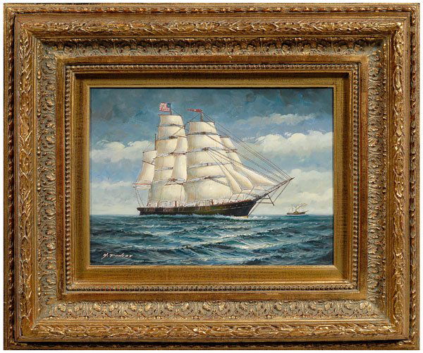Maritime painting,: titled verso "The Bark W.L. Morgan; Josha [sic] Nye. Master", signed lower left "Y. Parker", oil on plywood, late 20th/early 21st century, 11-7/8 x 16 in.; 20th century gilt wood frame. Good condition