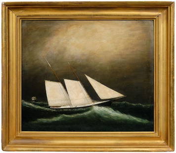 19th century maritime painting,: yacht in stormy seas, unsigned, oil on canvas, American School, 20 x 24 in.; early 20th century gilt wood frame with label verso "Richard Nichols…Boston". Lined with wax and linen, two periods of re