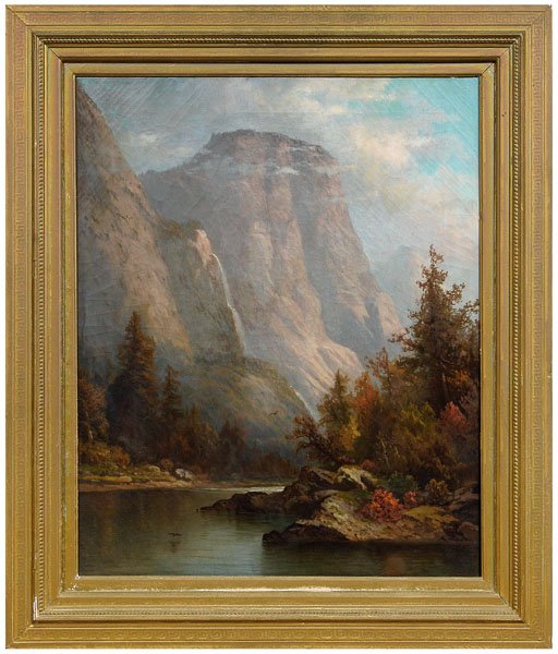 Hudson River School painting,: view of the lower cascade of Yosemite Falls, Yosemite National Park, unsigned, oil on canvas, American, 19th century, 27 x 22 in.; late 19th/early 20th century gilt wood frame. Uneven varnish, crackle