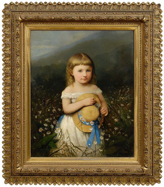 Frederick A. Spang portrait: (Pennsylvania/California, 1834-1891), portrait of Daisy Smith Grubb Morris, as young child, in mountain landscape surrounded by daisies, signed lower left "F(?) Spang", attributed to Frederick A. Span