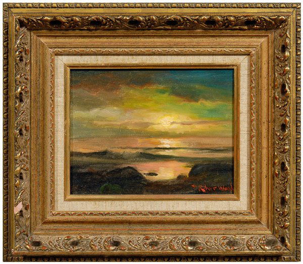 Robert Wood painting: (Robert William Wood, American, 1889-1979), titled verso "Golden Sunset", signed lower right "Robert Wood" and signed and inscribed verso "Painted by me Robert Wood in January 1976", stamped "Robert W
