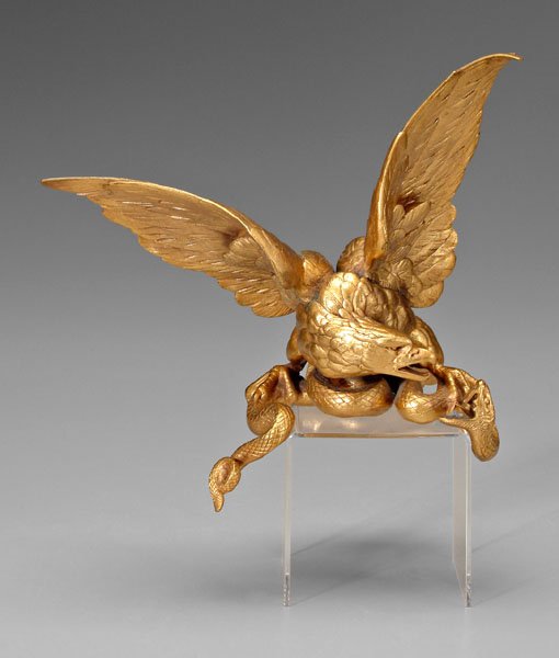 Bronze dore eagle,: attacking a snake, possibly a pediment for a larger work, mid 20th century, 9 x 10-1/2 x 6 in. Excellent condition. Provenance: Property of a Charleston Lady.