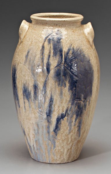 Vernon Owens monumental jar,: runny and blistered cream and blue glaze over incised floral decoration, base marked in script "Vernon Owens 1974" (Moore County, North Carolina, born 1941), stamped "Jugtown Ware", 20 in. Excellent c
