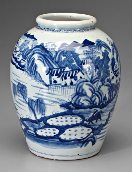 Chinese blue and white jar,: coastal village scene, late 19th/early 20th century, 13-3/4 in. Surface wear at rim, minor scratches.