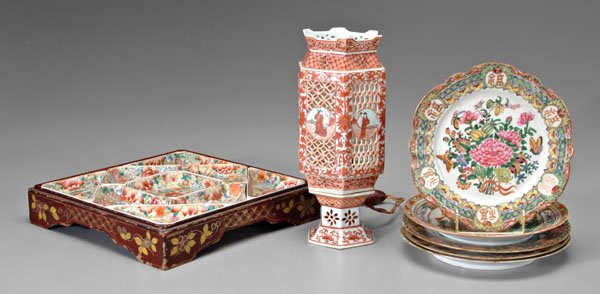 Chinese export porcelain:: [mille fleurs] server, nine pieces fitted in a square lacquered tray, oval stamp "SHUN HING…CANTON", 2-1/4 x 11-1/2 x 11-1/2 in., [one piece with 1 in. rim chip and crack, lacking lid to tray, tray 